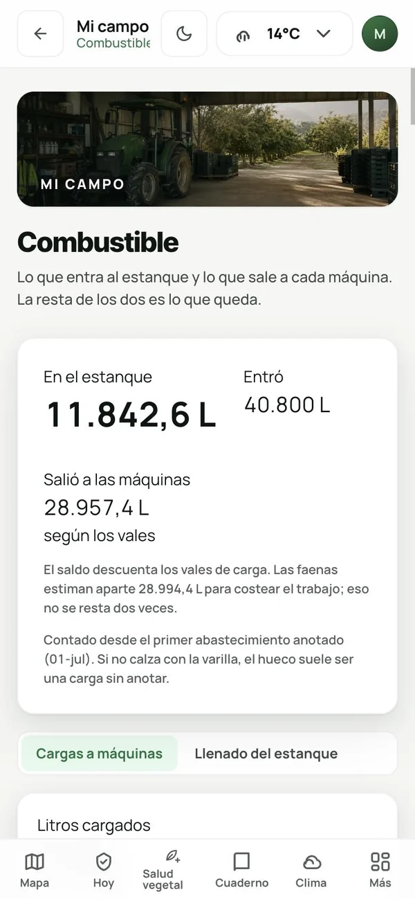 Saldo del estanque en la app: lo que entró, lo que salió a las máquinas y lo que queda.