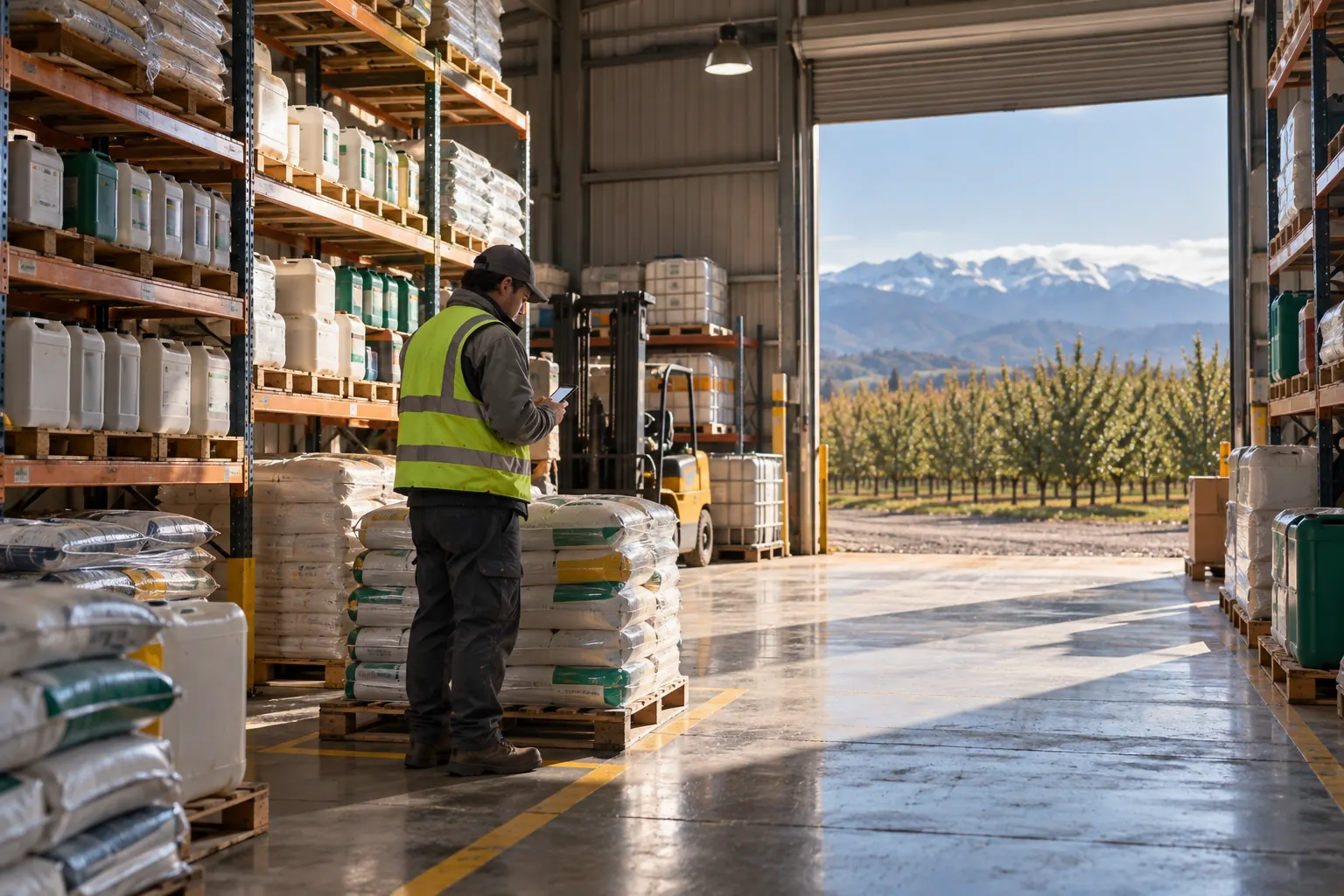 Bodega de insumos agrícolas en un galpón.