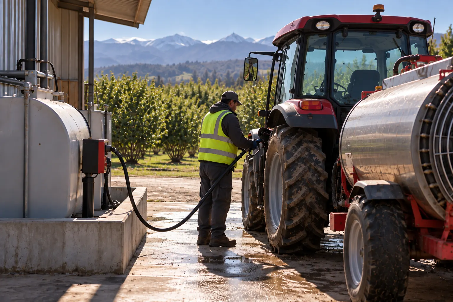 Carga de petróleo a un tractor desde el estanque del campo.